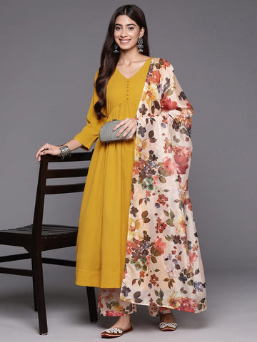 Mustard Empire Gathered Details Anarkali Kurta Paired With Printed Bottom And Dupatta